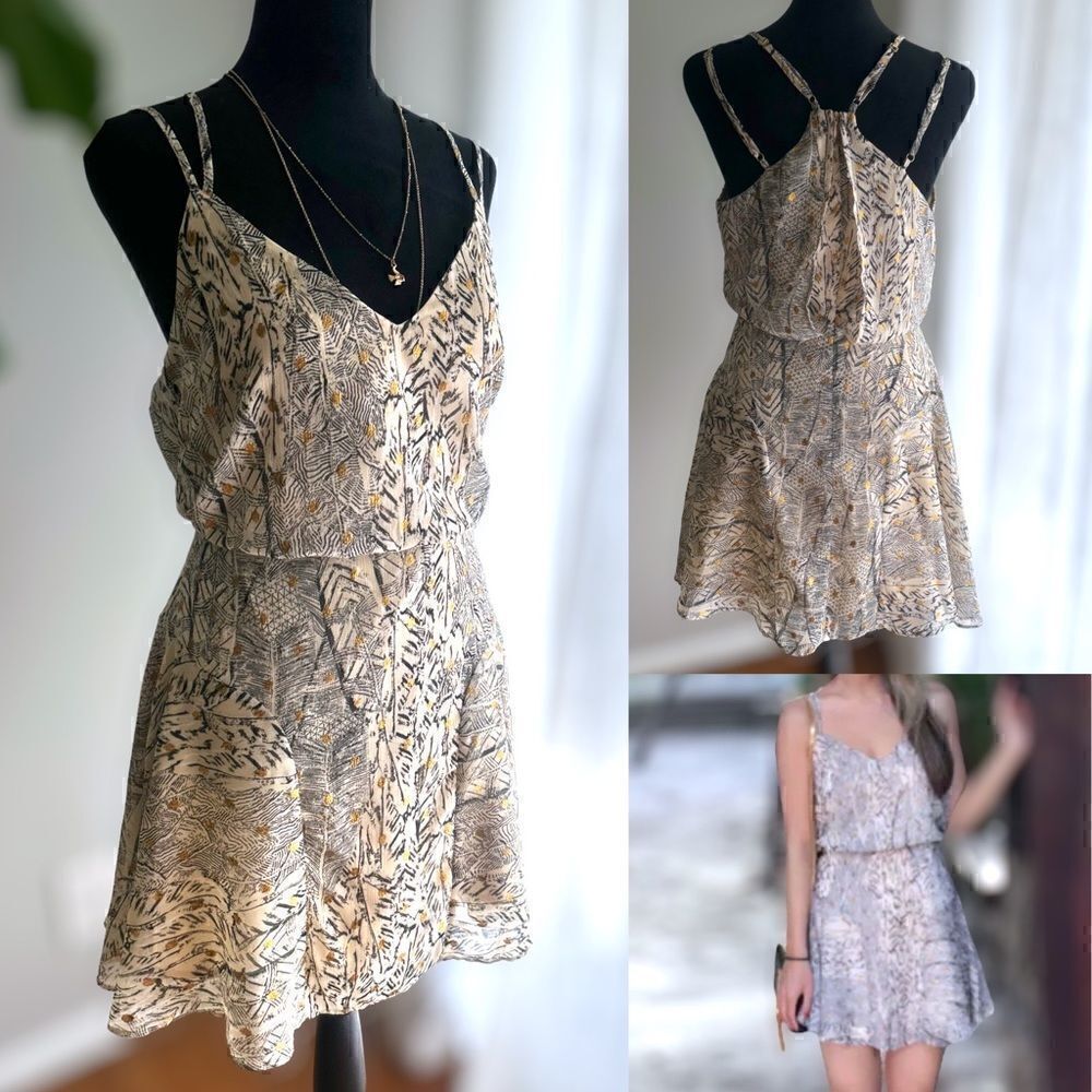 Lulu’s Tanis Metallic Dots Beige Print Chiffon Skater Strappy Dress M